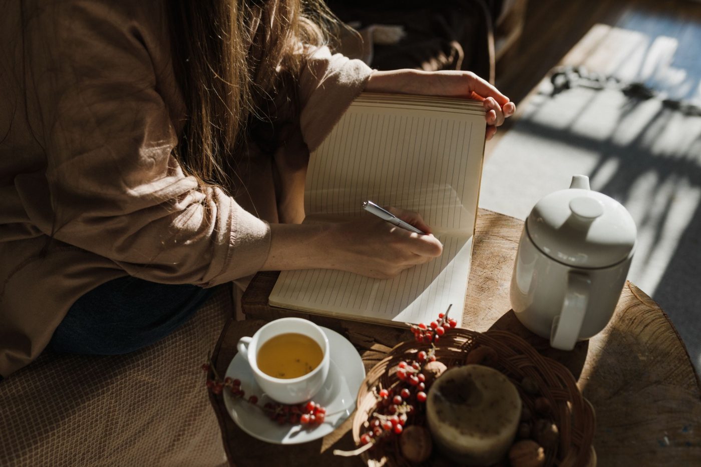Journaling with tea in the morning light